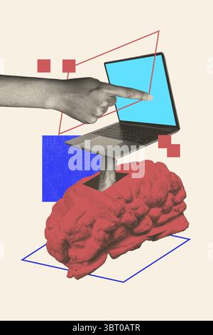Trend composite sketch template photo collage of hand hold brain finger point laptop display information server hacker cyberspace internet Stock Photo