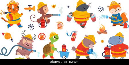 Fireman animals. Cute cartoon animal hold emergency hose and buckets, fire extinguisher, hydrant elements. Rescue team nowaday vector clipart Stock Vector
