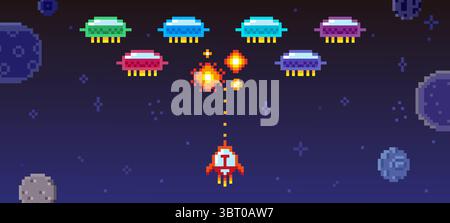 Pixel space arcade game. Spaceship shoots at colorful aliens, 8 bit style monsters, planets, fiery explosions. Retro style ufo, battle neoteric vector Stock Vector