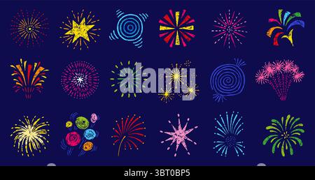 Crayon drawing sunburst. Simple pencil drawn fireworks, vibrant decorative festive elements. Colorful sketch abstract kids design, neoteric vector set Stock Vector