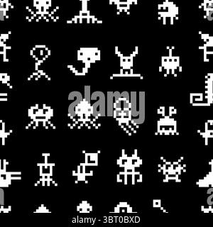 Pixel monsters seamless pattern. Arcade game 8 bit characters, white on black backdrop. Aliens ufo invaders, retro fabric print design, neoteric Stock Vector