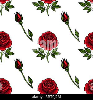 A seamless vector pattern featuring red roses and rosebuds on a white background. The design showcases detailed illustrations of blooming roses and cl Stock Vector
