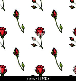 A seamless vector pattern featuring red roses and rosebuds on a white background. The design showcases various stages of the rose, from buds to fully Stock Vector