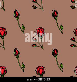 A seamless vector pattern featuring red roses and rose buds on a brown background. The design showcases a mix of fully bloomed roses and smaller buds, Stock Vector