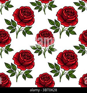 A seamless vector pattern featuring vibrant red roses with green leaves on a white background, ideal for textiles or wallpaper designs. Stock Vector