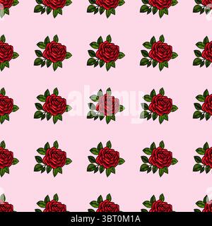 A seamless vector pattern featuring vibrant red roses with green leaves on a soft pink background. The design is elegant and suitable for various deco Stock Vector