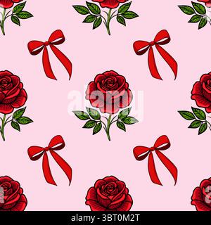 A seamless vector pattern featuring red roses and red bows on a soft pink background. The roses are detailed with green leaves, creating a romantic an Stock Vector