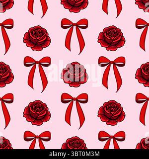 A seamless vector pattern featuring red roses and red bows on a light pink background. The design is vibrant and romantic, suitable for various decora Stock Vector