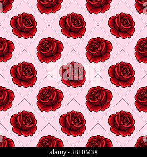 A seamless vector pattern featuring red roses on a light pink background, arranged in a diamond grid layout. The roses are intricately detailed, showc Stock Vector