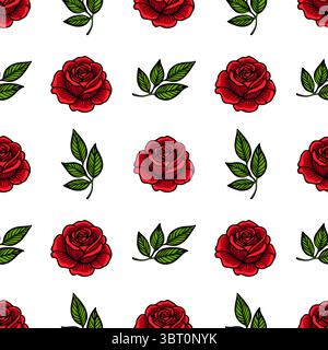 A seamless vector pattern featuring red roses and green leaves on a white background. The roses are detailed with petals and shading, while the leaves Stock Vector