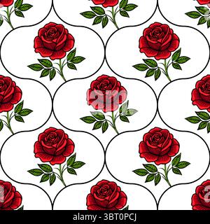 A seamless vector pattern featuring red roses with green leaves on a white background, arranged in an elegant geometric design. Stock Vector