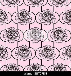 A seamless vector pattern featuring black outlined roses on a soft pink background. The roses are intricately detailed, arranged in a repeating geomet Stock Vector