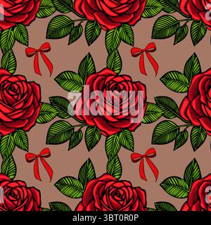 A seamless vector pattern featuring vibrant red roses with lush green leaves and red bows on a neutral background. The design is bold and eye-catching Stock Vector