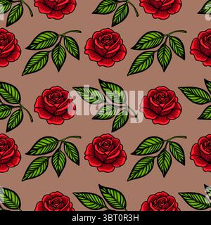 A seamless vector pattern featuring vibrant red roses and green leaves on a brown background. The design is bold and colorful, suitable for textiles o Stock Vector