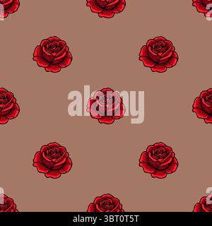 A seamless vector pattern featuring red roses on a beige background. The roses are intricately detailed, showcasing their petals and leaves, creating Stock Vector