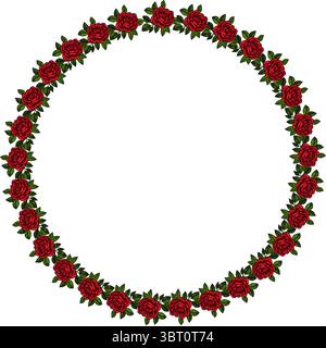 A circular frame made of vector red roses and green leaves, creating a floral border. The center is empty, perfect for adding text or images. Stock Vector