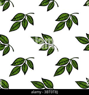 A seamless vector pattern of green leaves on a white background, featuring various leaf shapes and sizes, ideal for nature-themed designs. Stock Vector