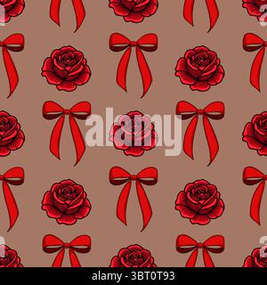 A seamless vector pattern featuring red roses and red bows on a beige background, ideal for romantic themes and decorative purposes. Stock Vector