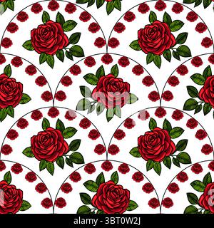 A seamless vector pattern featuring large red roses with green leaves, arranged in a fan shape. Smaller red roses are scattered throughout the design Stock Vector
