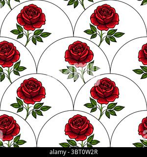 A seamless vector pattern featuring red roses with green leaves, arranged in a circular design against a white background. The roses are intricately d Stock Vector