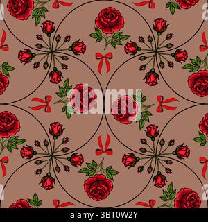 A seamless vector pattern featuring red roses and green leaves on a brown background, interspersed with red bows. The design is symmetrical and floral Stock Vector