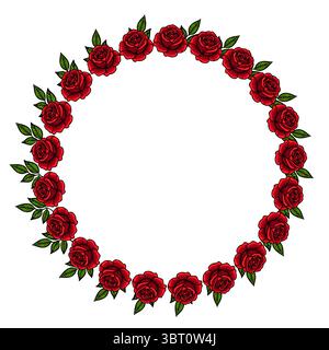 A circular frame made of vibrant vector red roses and green leaves, ideal for decorative purposes or invitations. Stock Vector
