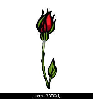 A stylized illustration of a vector red rose bud with green leaves, featuring bold outlines and a modern design. Stock Vector