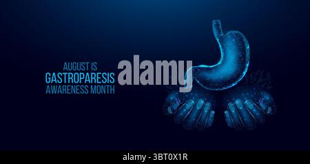 Gastroparesis awareness month concept. Banner template with glowing low poly stomach. Futuristic modern abstract. Isolated on dark background. Vector Stock Vector