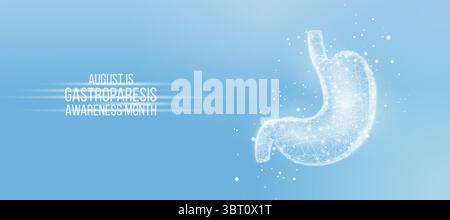 Gastroparesis awareness month concept. Banner template with glowing low poly stomach. Futuristic modern abstract. Isolated on blue background. Vector Stock Vector