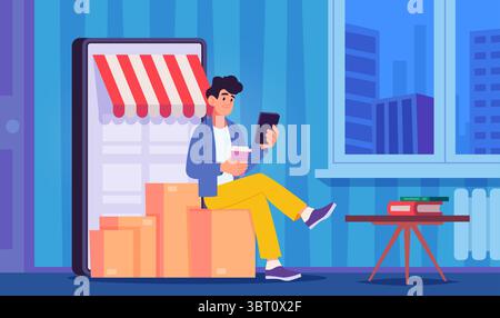 E-shop. concept illustration male person sitting on packages and choose digital products Stock Vector