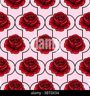 A seamless vector pattern featuring red roses on a soft pink background, framed by black outlines. The design is elegant and floral, suitable for text Stock Vector