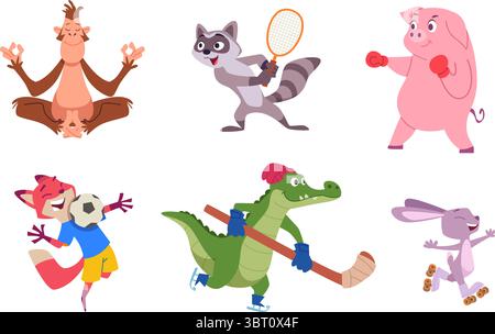 Animals sport. Cartoon characters wild animal doing sport exercises exact vector fitness activities Stock Vector