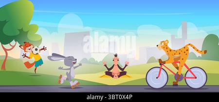 Sport animals. Fitness characters cute animals in action poses doing exercises exact vector template Stock Vector