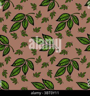 A seamless vector pattern featuring various green leaves on a brown background. The design includes both large and small leaves, showcasing intricate Stock Vector