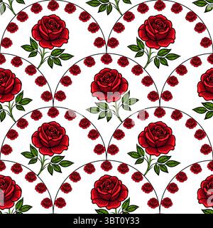 A seamless vector pattern featuring large red roses with green leaves, surrounded by smaller red roses on a white background. The design is elegant an Stock Vector