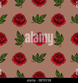 A seamless vector pattern featuring red roses and green leaves on a brown background. Stock Vector