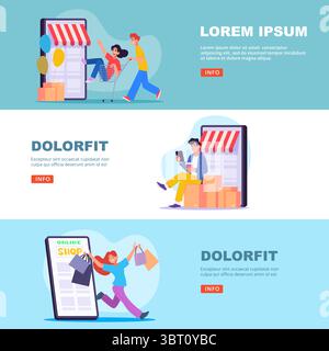 E-shop. people choose products in digital web store. horizontal banners Stock Vector