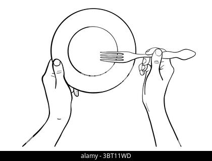 Cooking hand gestures illustration. Hand drawn human hands holding plate and fork isolated on white background. Stock Vector
