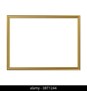 Realistic vector icon illustration. Golden thin picture frame landscape isolated on white background. Stock Vector