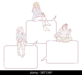 An illustration of three women in various poses engaging in lively discussions through speech bubbles Stock Vector