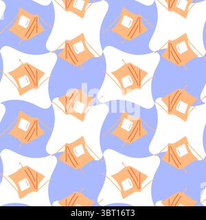 Seamless Tent Camping Checker Pattern. Seamless pattern with cartoon camping tents on a wavy blue and white checkerboard background. Flat summer outdo Stock Vector