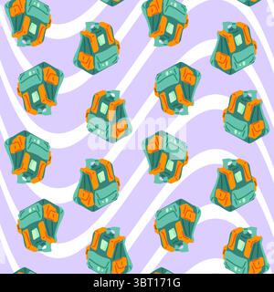 Seamless Travel Backpack Wavy Pattern. Seamless pattern with cartoon hiking backpacks on a wavy purple and white background. Flat colorful design with Stock Vector