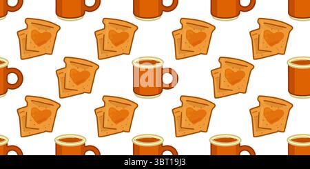 Warm Mugs and Toasted Love. Cute toast slices with heart-shaped jam and cozy mugs with hot drink on white background. Cartoon seamless pattern in warm Stock Vector