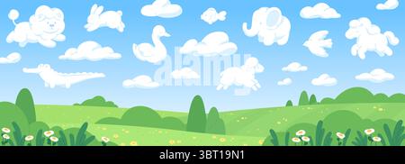 Clouds animal shapes landscape. Funny elephant bunny sheep goose flying in blue sky under green valley and hills. Cartoon fantasy racy vector nature Stock Vector