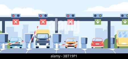 Toll road system. Cars crossing and pay for highway. Car and bus drivers paying on checkpoint for travel. Highways toll flat recent vector Stock Vector