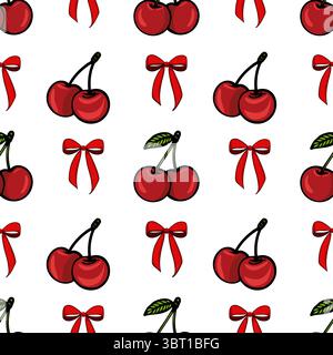 A seamless vector pattern featuring red cherries and red bows on a white background. The cherries are depicted with green leaves, while the bows are s Stock Vector