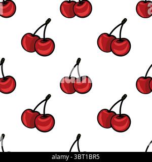 A seamless vector pattern featuring red cherries with green stems on a white background. The cherries are illustrated in a simple, cartoonish style, c Stock Vector