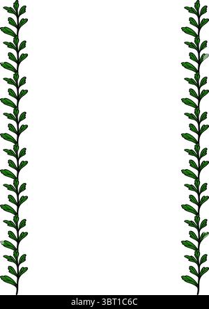 A vector decorative border featuring green leafy vines on both sides, creating a natural frame for a blank space in the center. Stock Vector