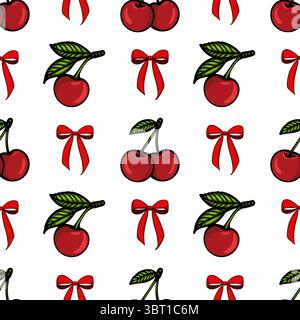 A seamless vector pattern featuring cherries and red bows on a white background. The cherries are depicted with green leaves, and the bows are bright Stock Vector