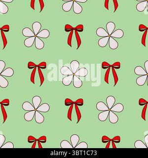 A seamless vector pattern featuring pink flowers with yellow centers and red bows on a light green background. The design is playful and cheerful, sui Stock Vector